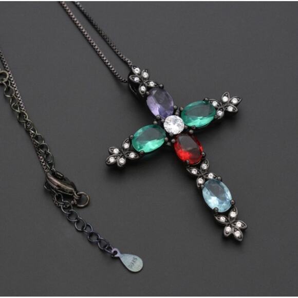 MULTI COLOR STONE CROSS PENDANT NECKLACE 18-20” ADJUSTABLE STANDARD SZ. - Picture 5 of 7